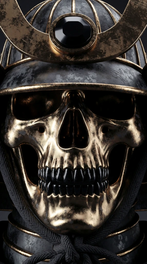 extreme close-up of a metallic skull samurai mask, golden reflective cheekbones, glossy black menacing teeth, distressed dark grey kabuto helmet with gold trim, smooth black jewel crest, braided cords framing the jaw, scratched and weathered metal textures, low-key lighting, cinematic 3D render, dark fantasy aesthetic