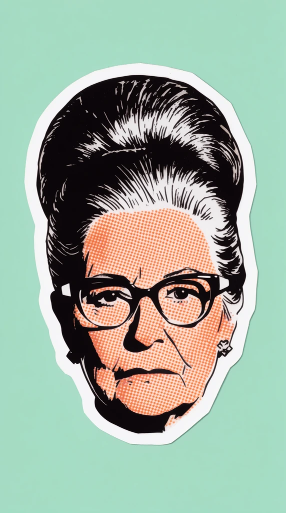 A pop-art die-cut sticker portrait of an older woman with a towering beehive hairdo and thick horn-rimmed glasses. The floating head features an irregular thick white border and is centered against a solid flat mint-green background. Heavy black ink defines stark geometric shadows, bold facial outlines, and the dense texture of her hair. Her skin is shaded entirely with a uniform pattern of vibrant orange halftone dots typical of vintage comic book printing. She stares directly forward with a severe, deadpan expression. The high-contrast graphic composition relies entirely on stark black, white, mint, and orange tones.