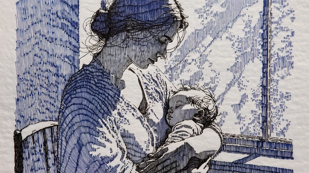 a woman cradling a sleeping baby by a window, rendered in dense vertical parallel hatching, deep indigo monolinear ink on cream-toned textured paper, window light depicted as stark negative white space, shadows and volume defined by the frequency and density of vertical strokes, high-contrast graphic hand-drawn aesthetic, organic forms shaped by repetitive linear striations, meticulous fine-point pen detail, intimate and quiet composition