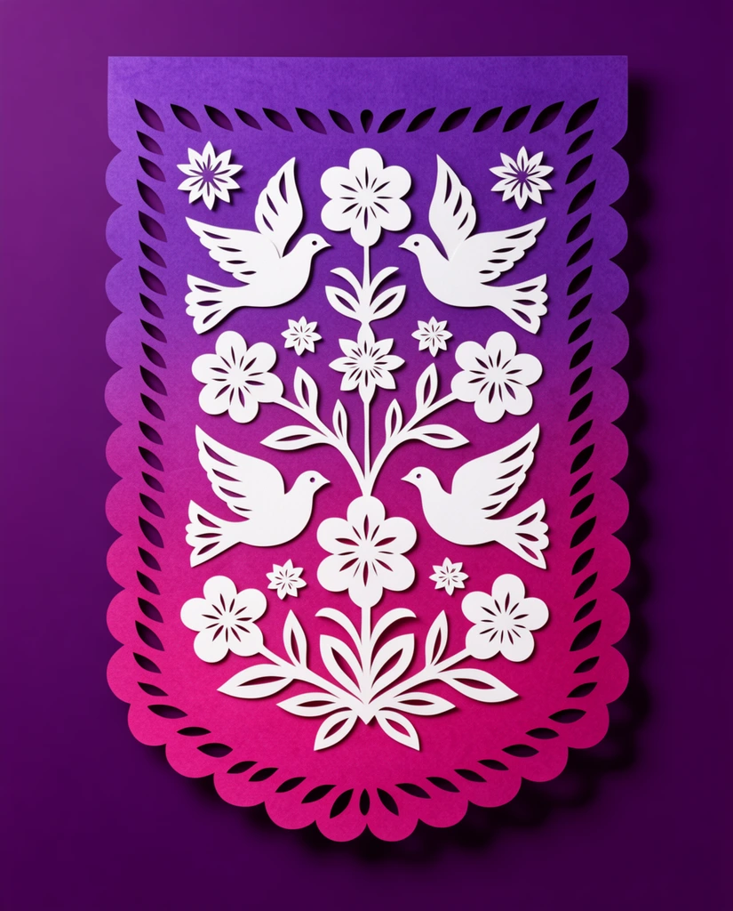 cut paper folk art banner, purple to magenta gradient, white symmetrical cutout floral motifs, stylized doves, scalloped edges, leaf perforations, drop shadow, solid dark purple background