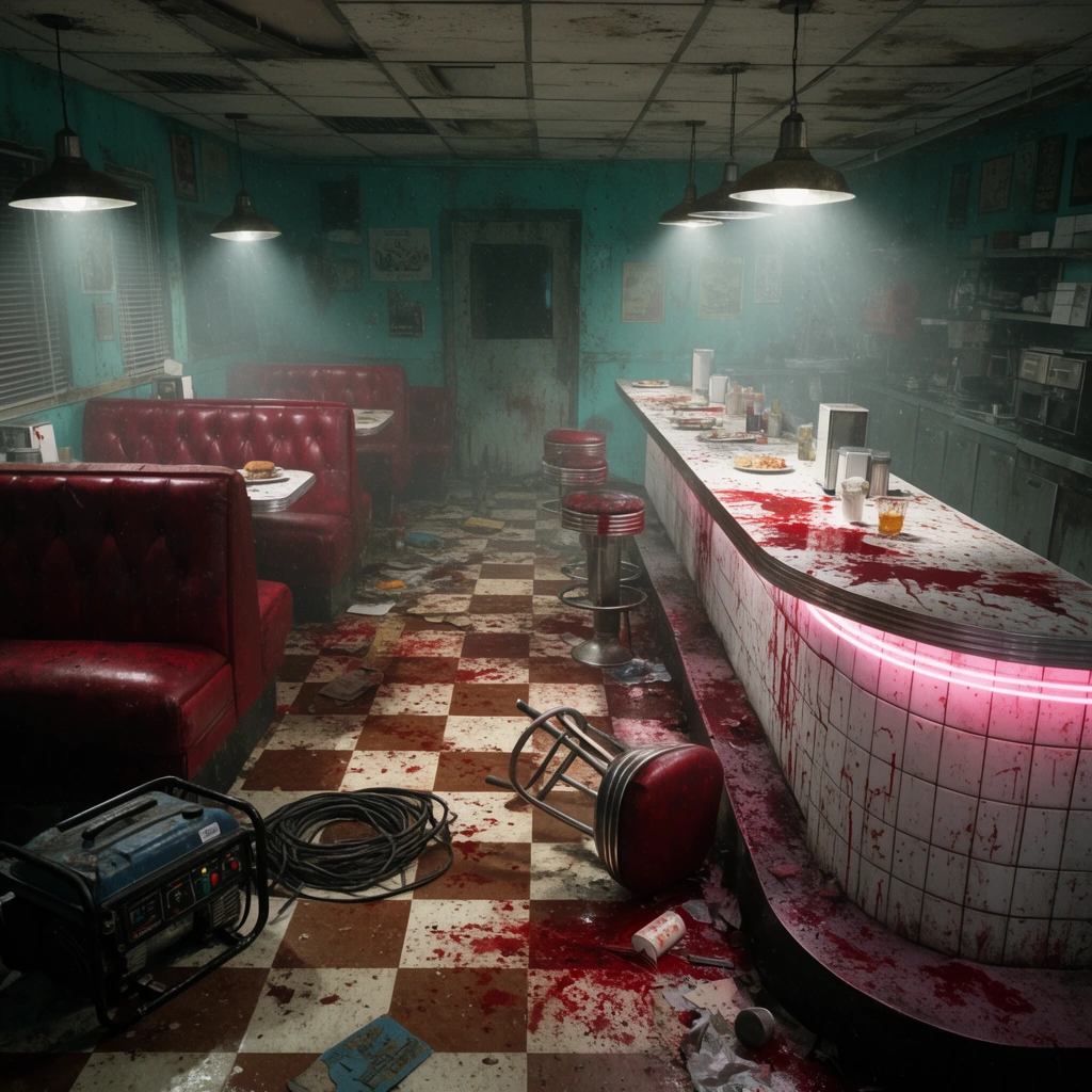 A dilapidated diner interior illuminated by volumetric beams from industrial pendant lamps piercing heavy atmospheric haze. Copious crimson blood stains the brown and white checkered floor, a white-tiled curved counter, and teal walls. Deep red tufted vinyl booths sit opposite the counter, which emits a faint pink neon underglow. The chaotic space is littered with an overturned stool, a portable generator with thick cables, and scattered debris. The highly detailed, gritty composition captures a dark, unsettling horror environment.