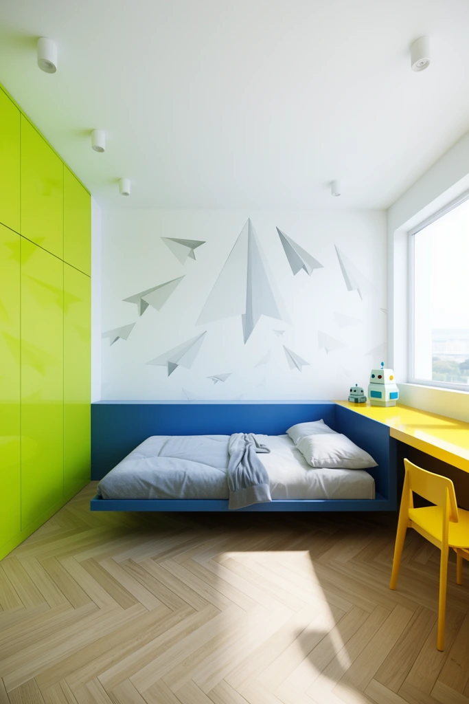 contemporary kids bedroom, floating blue bed, minimalist paper airplane mural, glossy lime green wardrobe, bright yellow desk, small geometric robot toys, herringbone wood floor, large window, bright natural light, architectural rendering