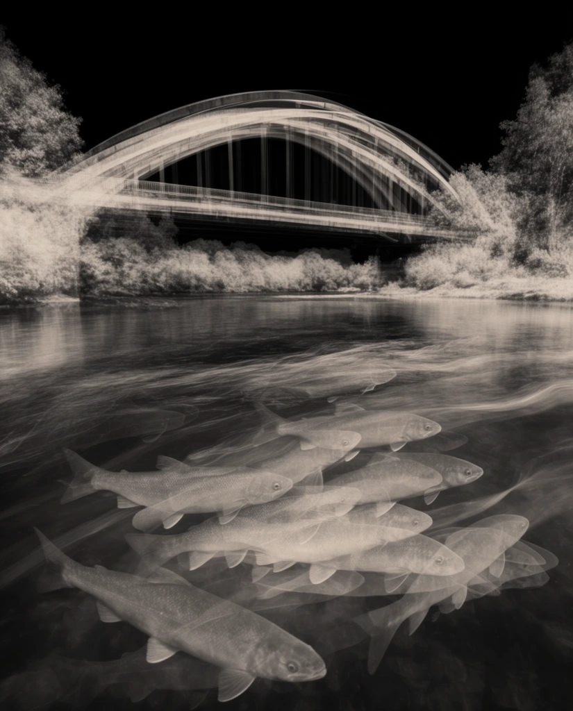 A large arched bridge spanning a river with trees lining both banks and several fish swimming in the foreground water, captured in a stroboscopic, warm black-and-white multiple-exposure style against a pure pitch-black background. The architectural curves of the bridge and the textured foliage of the flanking trees emerge from the deep darkness through soft, glowing monochromatic highlights. In the foreground, the swimming fish are rendered as overlapping, translucent, ghosted silhouettes, capturing a chronophotographic sequence of their sweeping movement through the water. The river currents form ethereal, fluid streaks intertwining with the discrete, overlaid frames of the aquatic life. The composition utilizes a high-contrast, slightly sepia-toned monochrome palette, isolating the softly illuminated subjects within an infinite black void to emphasize dynamic motion through sequential exposure trails and luminous, layered transparency.