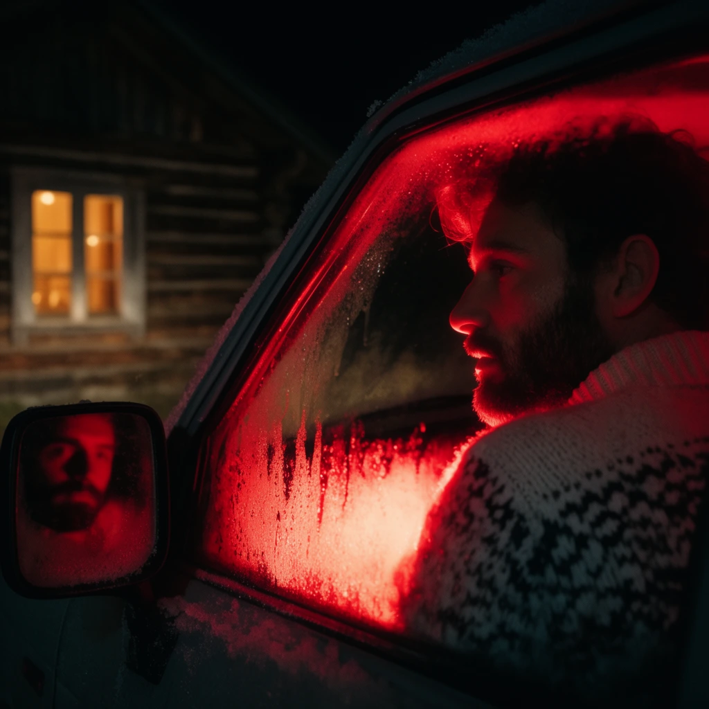 A bearded man viewed in profile through a frosty car window at night is intensely illuminated by a harsh red interior light. He wears a thick white patterned knit sweater. The side mirror captures a dim frontal reflection of his face. Heavy condensation on the glass catches the crimson glow, obscuring the lower frame. In the dark background, a rustic log cabin features a single window emitting warm yellow light. The cinematic, high-contrast composition creates a moody atmosphere.