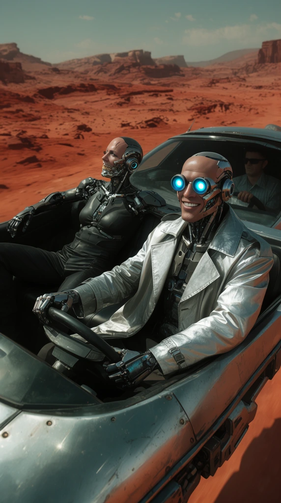Two futuristic cyborgs ride in a metallic hover-skiff across a barren red desert. The foreground cyborg, featuring neon-blue optical sensors and a silver trench coat, smiles warmly. The second cyborg has exposed jaw plating and a dark bodysuit, leaning back casually on a black seat. A driver is partially visible behind them. Harsh sunlight casts sharp shadows across the arid landscape. Cinematic wide shot with vibrant contrast and deep depth of field.