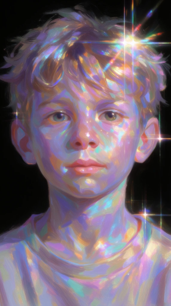 A painterly portrait of a boy with messy hair looking directly forward, rendered in glowing prismatic colors against a stark black background. The boy's face and hair are painted with thick, expressive brushstrokes utilizing a highly iridescent, holographic palette of lavender, cyan, magenta, and gold. Intense ethereal light hits his features, generating prominent cross-shaped starburst lens flares and colorful light dispersion effects. The digital rendering contrasts the dark environment with luminous, shimmering pastel textures and vivid specular highlights.