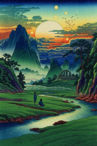 Nostalgic Woodblock Landscapes style AI image example 2