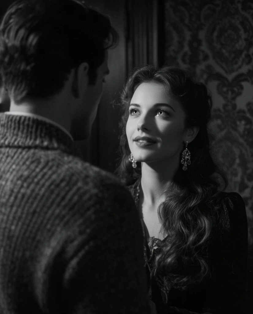 A black-and-white cinematic over-the-shoulder shot captures an intimate moment between two figures in a dimly lit Victorian parlor. In the blurred foreground, a man in a thick knit sweater stands facing a sharply focused woman. She gazes up at him with a tender expression, featuring cascading loose waves of dark hair, light eyes, and ornate chandelier drop earrings. They stand against dark, patterned damask wallpaper. A shallow depth of field draws focus to her luminous face, while dramatic chiaroscuro lighting casts the man into a soft silhouette. The composition creates an atmospheric 1940s film noir aesthetic with rich contrast and authentic film grain.