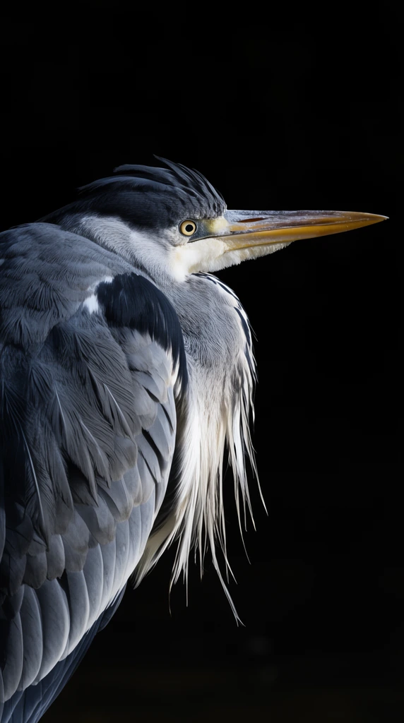 A close-up profile of a grey heron illuminated against a pitch-black background. The bird features a sharp yellow beak, piercing eye, dark crest, and slate-grey plumage. Long, shaggy white feathers cascade down its neck. High-contrast lighting highlights the crisp feather textures.