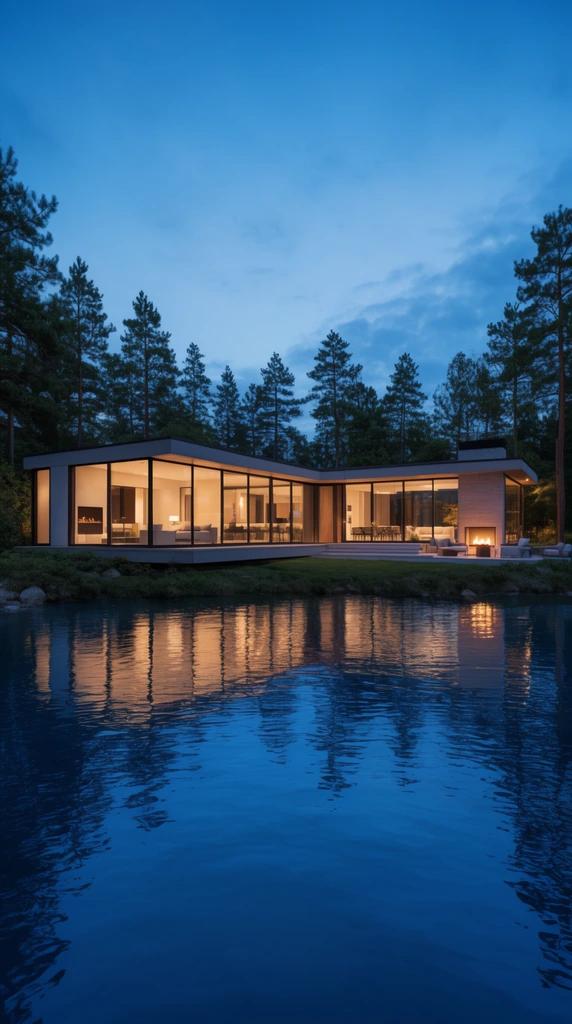 A modern, single-story glass house glows with warm interior light on the edge of a deep blue lake at twilight. The minimalist L-shaped structure features floor-to-ceiling windows revealing contemporary furniture and a glowing patio fireplace. The cool evening sky and tall surrounding pine trees reflect vividly across the gently rippled water in the foreground. Photorealistic architectural wide-angle exterior shot highlighting the high-contrast lighting between the warm home and cool dusk environment.