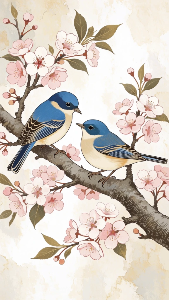 A pair of blue and cream-colored birds perches on a textured tree branch surrounded by blooming cherry blossoms in a vintage-style botanical illustration. The larger bird on the left faces right, while the slightly smaller bird on the right faces left, their dark, beady eyes oriented toward one another. Both birds possess vibrant cerulean blue plumage on their crowns, backs, and wings, which transitions into a soft cream color on their chests and underbellies. Their wings and long tail feathers feature fine, dark grey and white striping. The textured, greyish-brown branch they occupy extends diagonally from the lower right toward the upper left, featuring smaller offshoots and delicate twigs. Clusters of light pink and white cherry blossoms with reddish-brown centers and delicate stamens are scattered around the birds, accompanied by muted olive-green leaves and small, rounded flower buds. The background is a soft, off-white canvas with subtle, mottled beige and tan watercolor-like washes that give it an aged, parchment appearance. The artistic style is a clean, digital painting that mimics traditional botanical art, characterized by fine lines, soft shading, and a pastel color palette dominated by blues, pinks, and earth tones. The lighting is even and diffuse, casting no harsh shadows and highlighting the delicate textures of the feathers and petals.