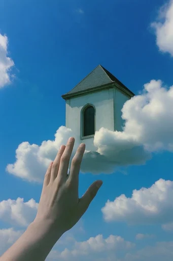 Surrealist Sky Collage style reference image — deep blue cumulus sky
