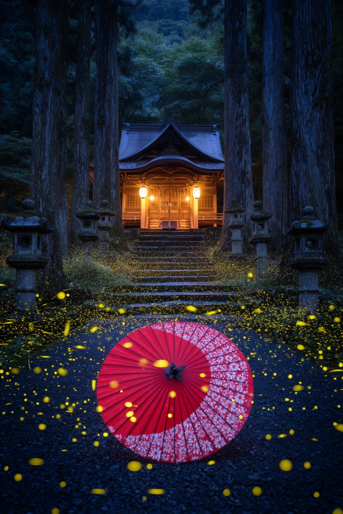 bright red paper umbrella with white floral patterns on dark gravel, surrounded by hundreds of glowing yellow fireflies, flanked by towering cedar trees and stone lanterns, leading to stone stairs, ancient wooden shrine with glowing paper lanterns at the top, twilight lighting, deep moody blues contrasting with warm golden bioluminescence, symmetrical composition, long exposure photography