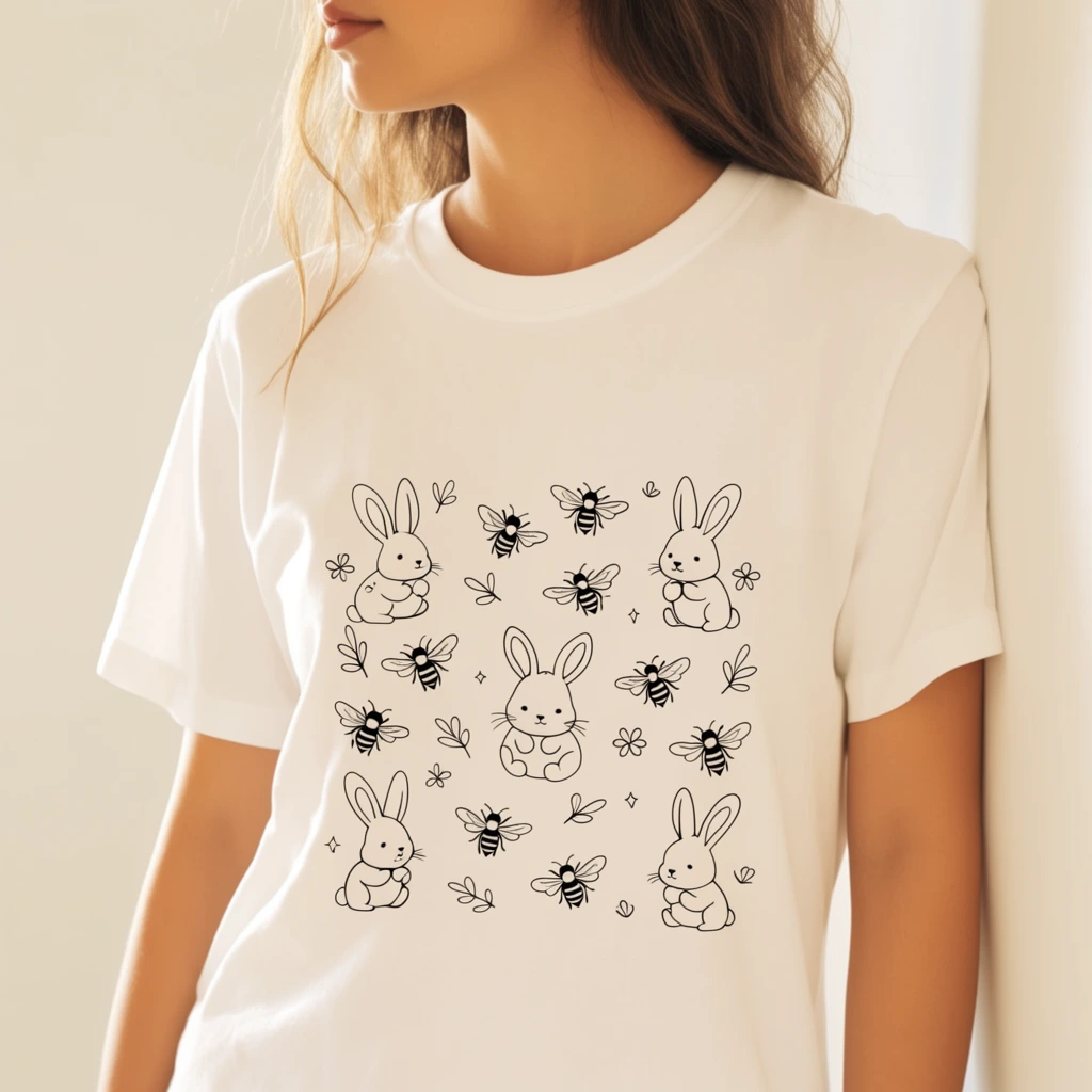 torso of woman leaning on light wall, wearing white crew neck t-shirt featuring black line art of bunnies and bees, loose brown hair, warm soft lighting, apparel mockup