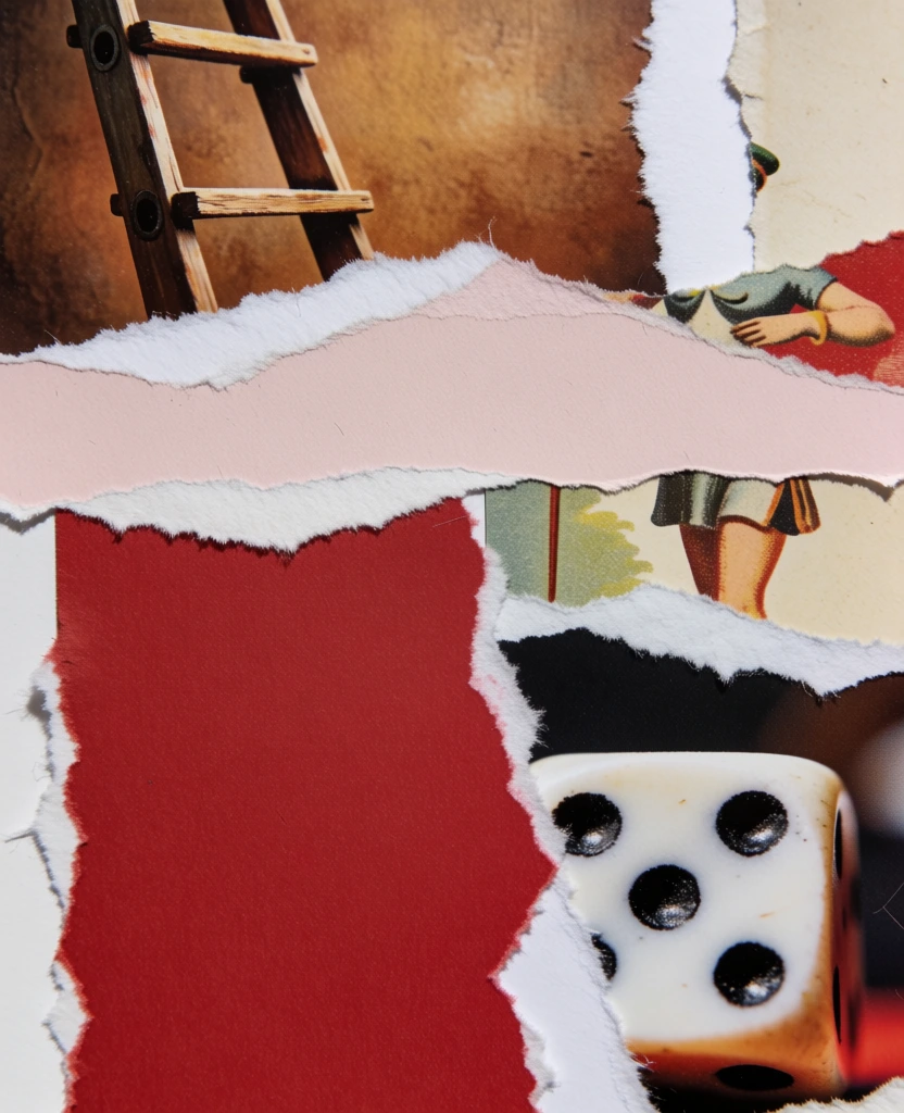 tactile torn paper collage, raw hand-ripped deckled edges revealing white paper fibers, layered matte magazine fragments, 1990s offset lithography print quality, subtle halftone grain, a weathered wooden ladder on the far left, a single ivory die with black pips, a multitude of small human figures in mid-motion across fragmented layers, warm golden-hour lighting, multi-planar perspective, saturated earthy palette, cream heavy-stock background, organic overlapping composition.