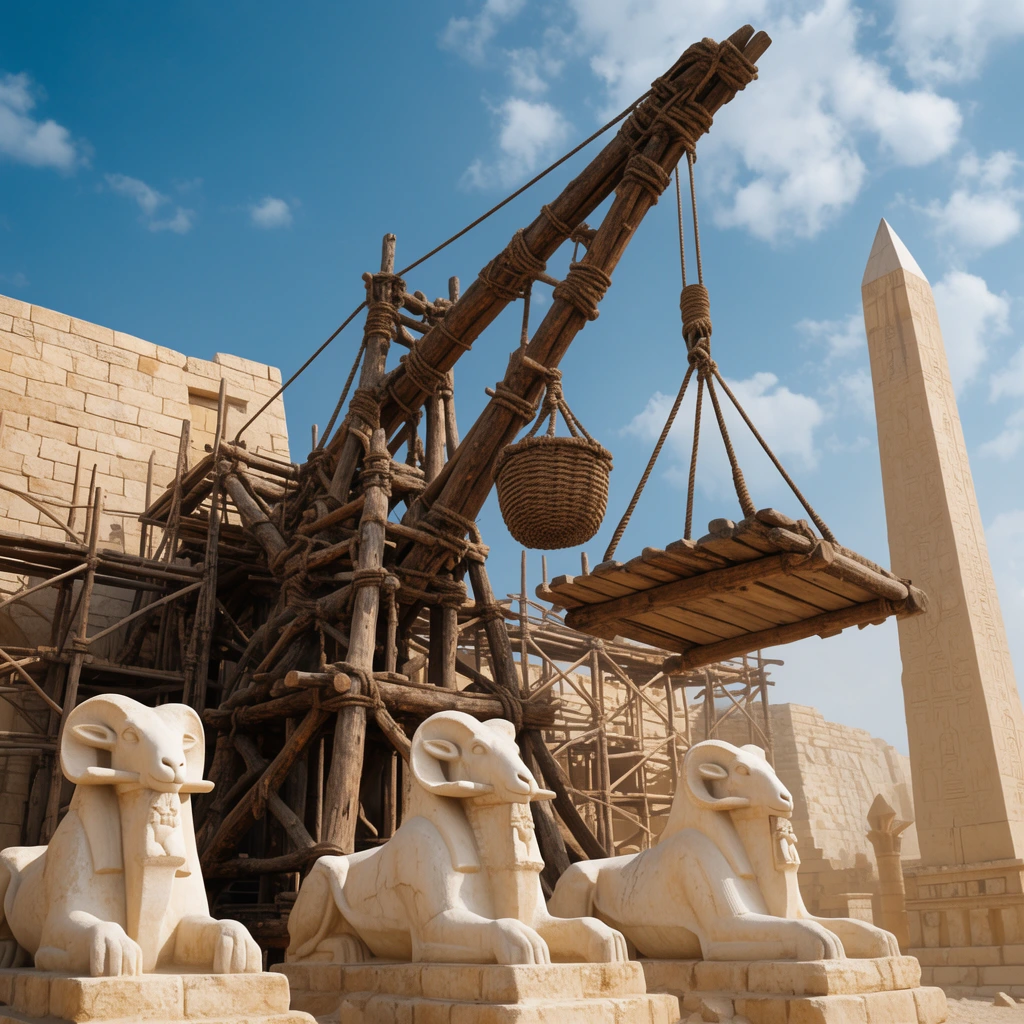 Ancient construction site, massive primitive wooden crane made of logs and heavy rope, crane arm suspending a wooden platform, woven counterweight basket, three white stone ram-headed sphinx statues, wooden scaffolding against a sandstone wall, tall pointed obelisk to the right, bright blue sky with scattered clouds, cinematic daylight, wide-angle shot, historical epic style