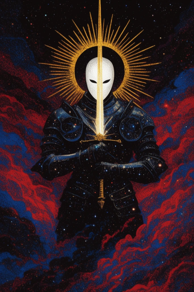 cosmic armored knight wielding a radiant sword, glowing white mask, golden sunburst halo, star-speckled dark armor, swirling red and blue nebular clouds, deep starry void, heavy stippled texture, high contrast dark fantasy illustration
