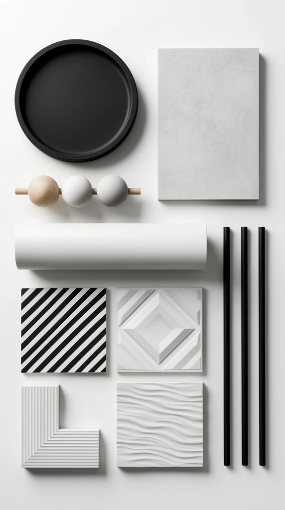 top-down flat lay of minimalist geometric material samples on a white surface, monochromatic palette with light wood accents, matte black circular dish, three varying spheres on a wooden axis, textured light grey rectangle, thick white cylinder, square tiles featuring diagonal black and white stripes, diamond relief patterns, ribbed L-shaped component, three long black rods, square with wavy textures, soft diffused studio lighting, precise grid composition, sharp drop shadows, architectural moodboard, high contrast