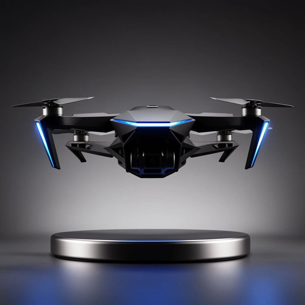 matte black quadcopter drone hovering above a circular metallic base, sharp angular chassis, vibrant blue edge lighting, smooth gradient studio background, low angle product photography