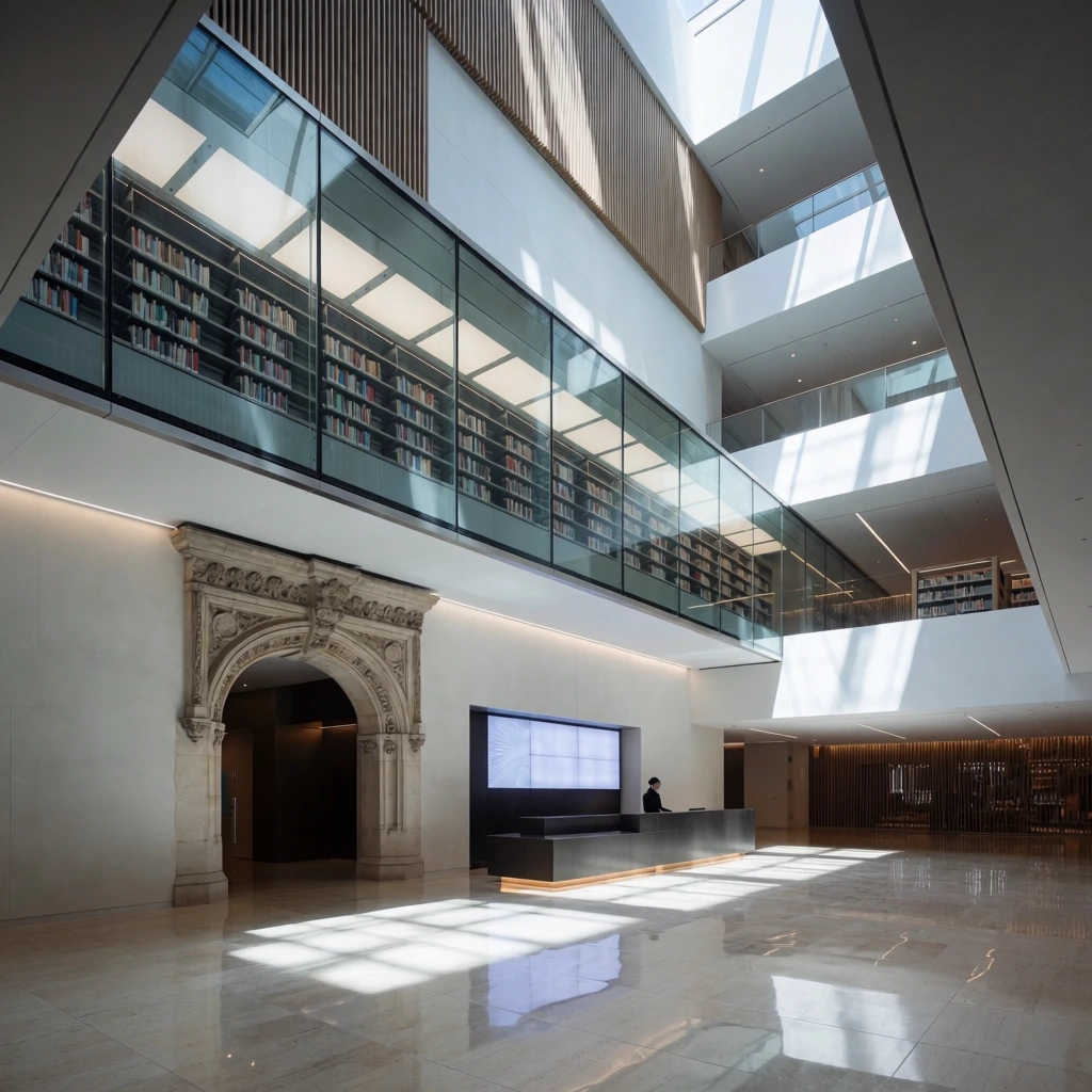 A modern library atrium features a dramatic glass-enclosed gallery suspended mid-air above a spacious lobby. The transparent elevated bridge houses long rows of bookshelves, its glass exterior reflecting bright overhead skylights. Below, highly polished light stone floor tiles mirror geometric patches of streaming sunlight. An ornately carved historic stone archway is integrated into the contemporary smooth white walls on the ground level. Beside it sits a dark reception desk with a glowing base and an illuminated digital screen, attended by a solitary figure in dark clothing. Vertical wooden slats line the upper architectural tiers leading to a high ceiling with rectangular light wells. The wide-angle interior photography employs crisp, cool lighting to emphasize the sharp contrast between brilliant sunlit zones and deep structural shadows.