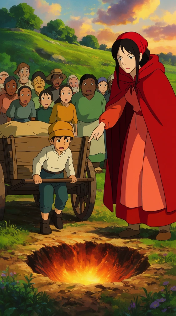 2D animated anime style, boy pulling a wooden wagon, tall woman in a red cloak pointing at a glowing crater, diverse villagers watching in surprise, lush grassy hills, golden hour lighting, cel shading