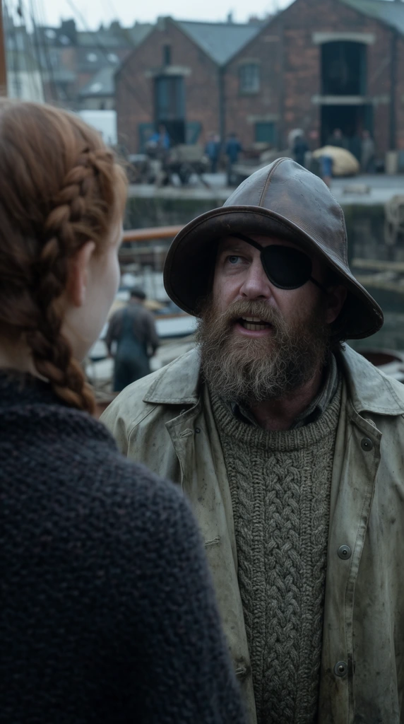 A cinematic over-the-shoulder shot captures a rugged, heavily bearded fisherman with an eyepatch talking earnestly to a young woman. The fisherman wears a wide-brimmed leather sou'wester hat and a thick cable-knit sweater layered beneath a canvas slicker, looking slightly upwards with his mouth open in mid-conversation. The foreground features the out-of-focus back of the young woman's head and shoulder, displaying braided auburn hair and a dark woolen shawl. The softly blurred background reveals a historic shipyard with brick warehouses and indistinct dockworkers bustling about. Captured with a shallow depth of field, the composition uses overcast natural daylight and a muted, cool color palette to emphasize the weathered textures of the maritime environment.