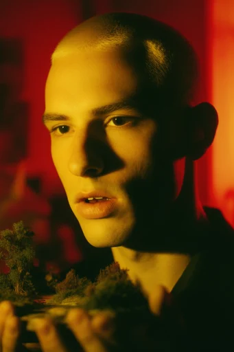 Graphic Chiaroscuro Noir style reference image — saturated gelled lighting