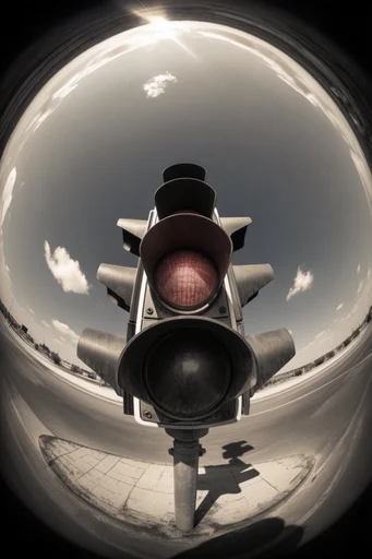 Monochrome Fisheye Monumentalism style reference image — worm's eye view