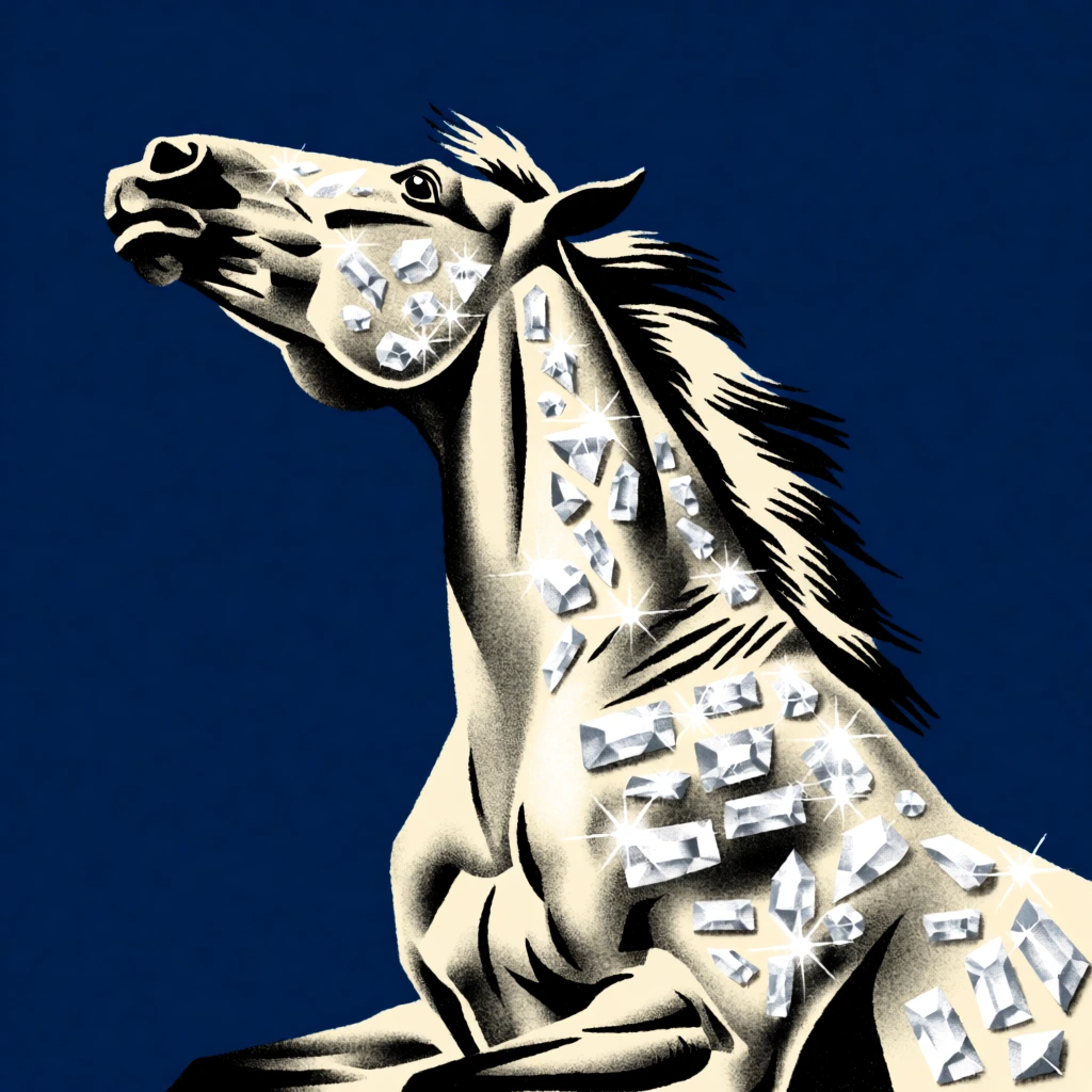 vintage screen print illustration, pop art aesthetic, low-angle perspective of a horse mid-rear, emerging from the bottom corner, horse body encrusted in faceted sparkling diamonds, high-contrast black ink lines, stippled texture, halftone dots, minimal palette with deep navy blue flat background, brilliant white and cream highlights, bold graphic composition, expressive movement, vast negative space, mid-century poster style, hand-drawn tactile quality