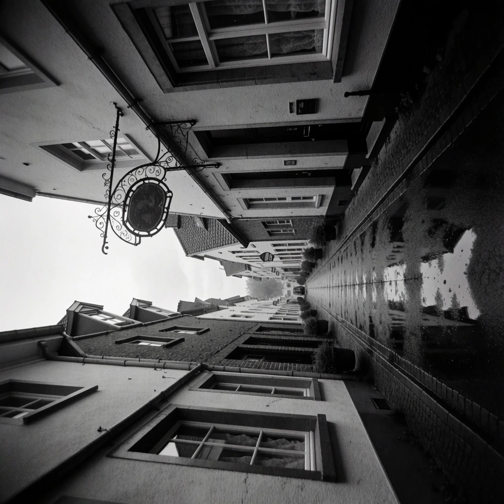low-angle distorted perspective, high-contrast monochrome, grainy film aesthetic, upside-down composition, european-style houses along a narrow street, ornate metal sign spanning between buildings, dramatic reflections on wet cobblestones, cinematic deep shadows, wide-angle lens distortion, gritty textures, eerie and surreal atmosphere, voyeuristic street photography style, sharp focus on architectural details, blurred foreground elements, silver-toned black and white palette.