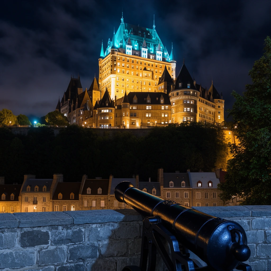 A towering, illuminated chateau with glowing teal turrets and golden windows rises atop a dark hill at night. A black antique cannon aims upward over a grey stone parapet in the foreground, overlooking historic stone buildings nestled below under a cloudy sky.
