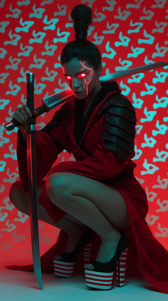 A woman crouches in a red and black armored robe, wielding two metallic swords—one across her shoulders, the other planted vertically. She features glowing red eyes, luminescent red geometric facial lines, a tight topknot, and towering striped platform heels. Dramatic cyan and red dual studio lighting sculpts her figure against a vibrant red backdrop patterned with repeating, glowing cyan abstract shapes.