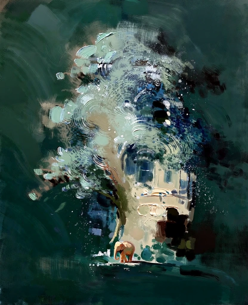 painterly digital illustration, thick expressive brushstrokes, deep moody teal and emerald backdrop, central massive tree with integrated architectural structures and windows, a tiny elephant standing at the base, heavy impasto textures, dynamic splashes of white and light blue light, high contrast, impressionistic rendering of organic and geometric forms, blurred edges, smudged highlights, tactile oil paint aesthetic, cinematic atmosphere, swirling energy, fine detail emerging from chaos.