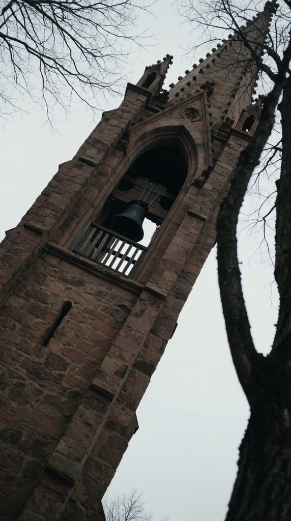 tall gothic stone bell tower from a low angle, rough reddish-brown masonry, open belfry with pointed archways and wooden railings, dark bell visible inside, stark bare tree branches framing the right foreground and upper left, flat overcast pale gray sky, cinematic Dutch angle tilt, ominous and bleak winter atmosphere, muted natural color palette