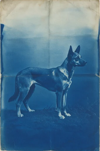 Architectural Cyanotype Abstraction style reference image — distressed archival print