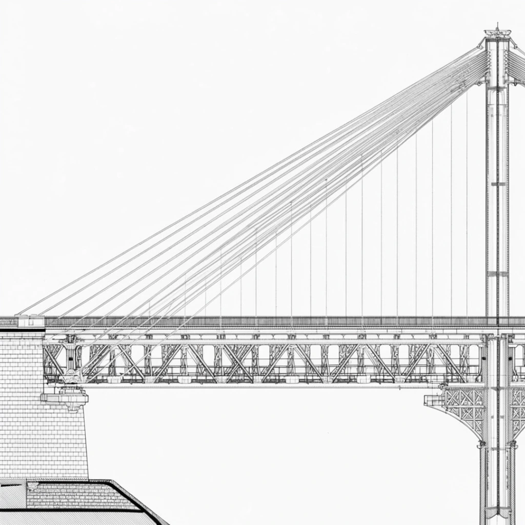A precise black-and-white architectural section drawing detailing the structural engineering of a cable-stayed bridge. A tall vertical support tower rises on the right, anchoring sweeping diagonal cables that slope downward to the left. Fine vertical lines drop from these main cables to suspend a rigid horizontal deck. Beneath this roadway, a complex lattice truss framework spans the gap, resting heavily upon a massive cross-hatched masonry abutment on the far left. Rendered in a stark orthographic technical style, the fine, intricate linework emphasizes structural mechanics and geometric tension against a crisp white background.