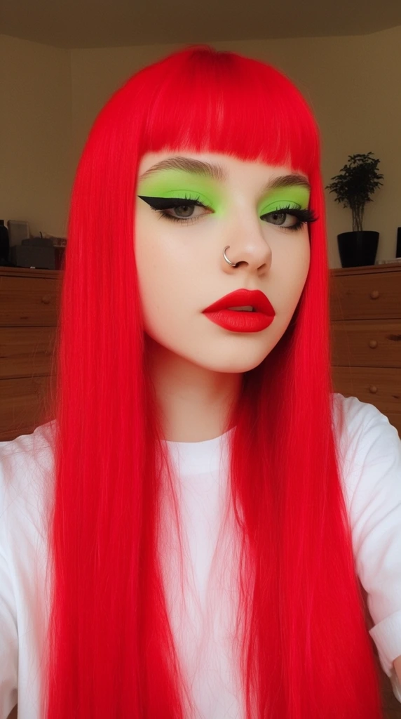 young woman with vibrant neon red hair, blunt bangs and long straight locks, pale skin, bright lime green eyeshadow, heavy black winged eyeliner, bright red lipstick, silver nose hoop, plain white t-shirt, indoor setting, wooden dressers in background, small black potted plant, soft even lighting, vibrant color contrast, selfie angle framing