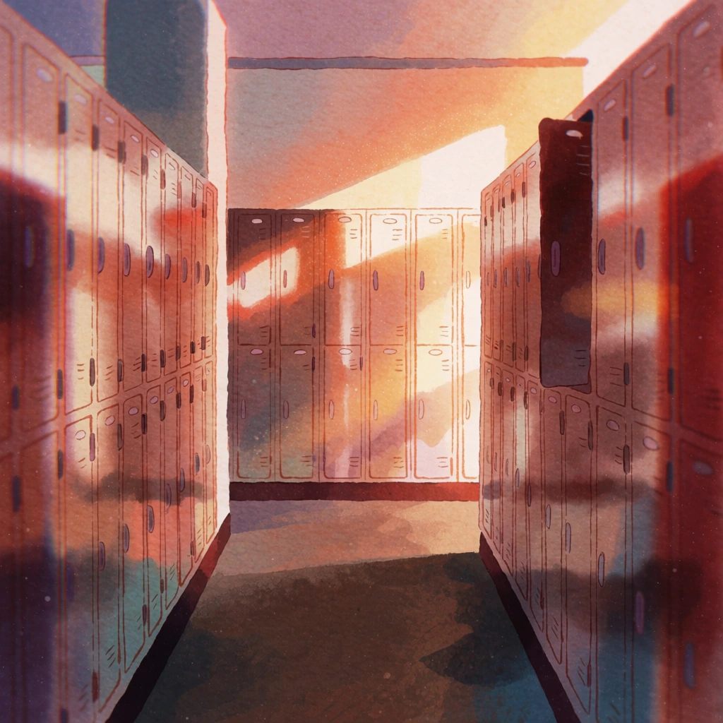 hallway with metal lockers along walls, painterly digital illustration style, soft dreamlike aesthetic, grainy paper texture, warm amber and russet color palette, hazy golden hour lighting, subtle chromatic aberration, soft-focus edges, delicate expressive line work, vintage editorial feel, visible textured brushstrokes, warm highlights, deep crimson and terracotta shadows, atmospheric dust motes, perspective view of lockers with soft reflections, nostalgic and inviting mood