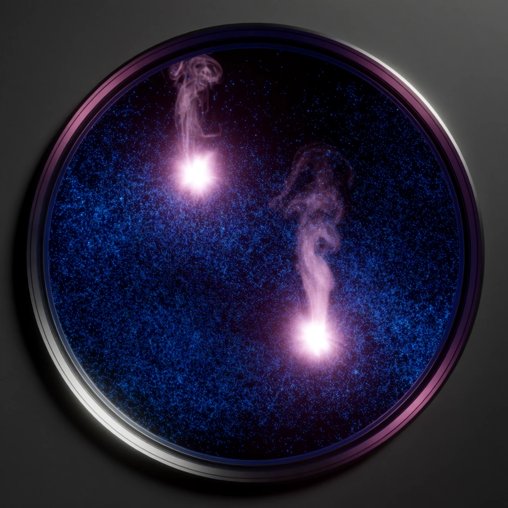 A circular metallic viewport frames a dense expanse of glowing blue particles in a black void. Two radiant pinkish-white light bursts with vertical smoke trails float amidst the blue field against a flat dark gray exterior.