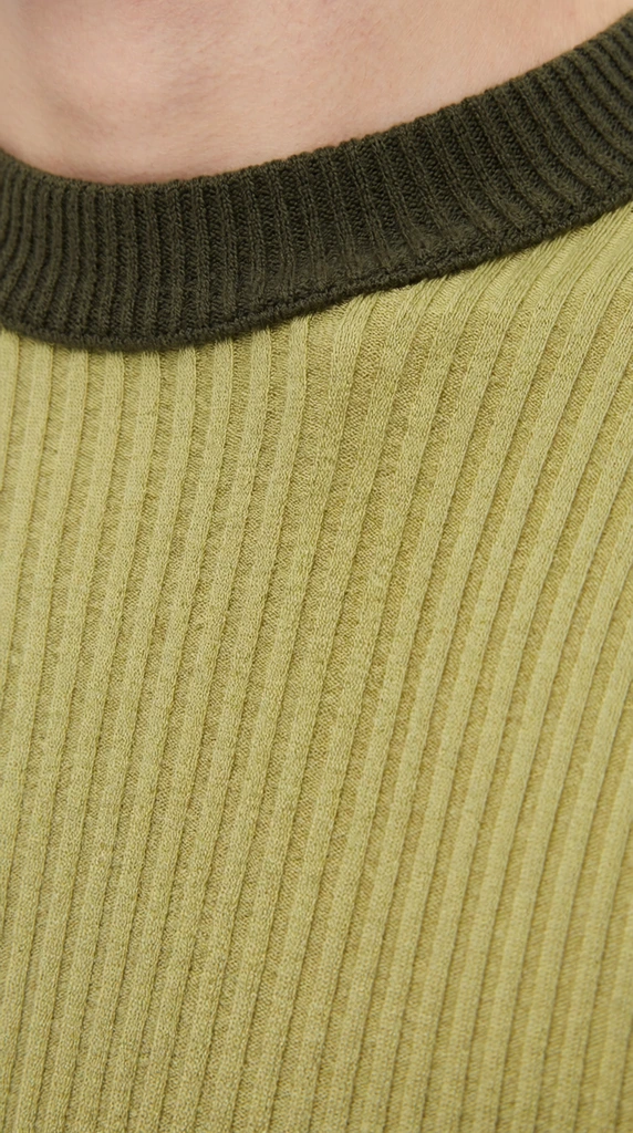 extreme close-up of a light olive green ribbed knit shirt on fair skin, contrasting dark olive green thick knit crew neck collar, fine vertical ribbed textile texture, macro fashion photography, soft uniform lighting, highly detailed fabric weave, minimalist aesthetic, sharp focus