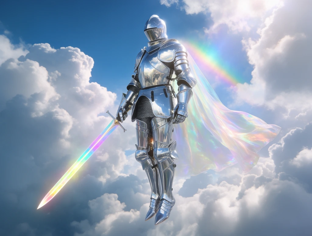 A knight in shining, highly reflective silver armor floats vertically against a backdrop of fluffy white clouds and a bright blue sky. The armor captures the light and reflects the surrounding clouds. A translucent, iridescent cape billows gently behind the knight. In the right hand, the knight holds a long, straight sword with a glowing, rainbow-colored blade pointing downwards. A subtle rainbow arc is visible in the clouds near the knight's left shoulder. The sunlight is bright, creating a radiant and ethereal atmosphere.