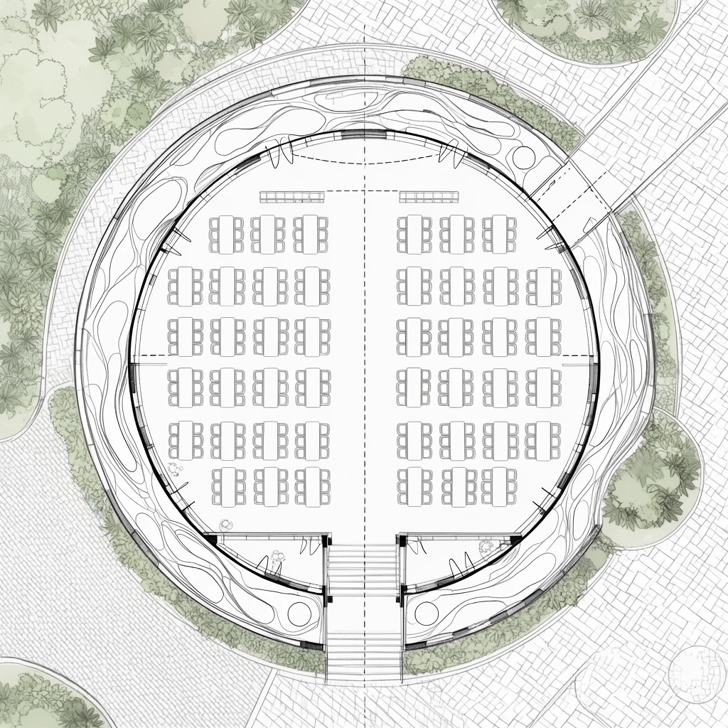 top-down architectural floor plan, circular building complex, precise black line art, interior seating grids, organic wall outlines, stylized green foliage, geometric paving patterns, technical drafting style, clean white background