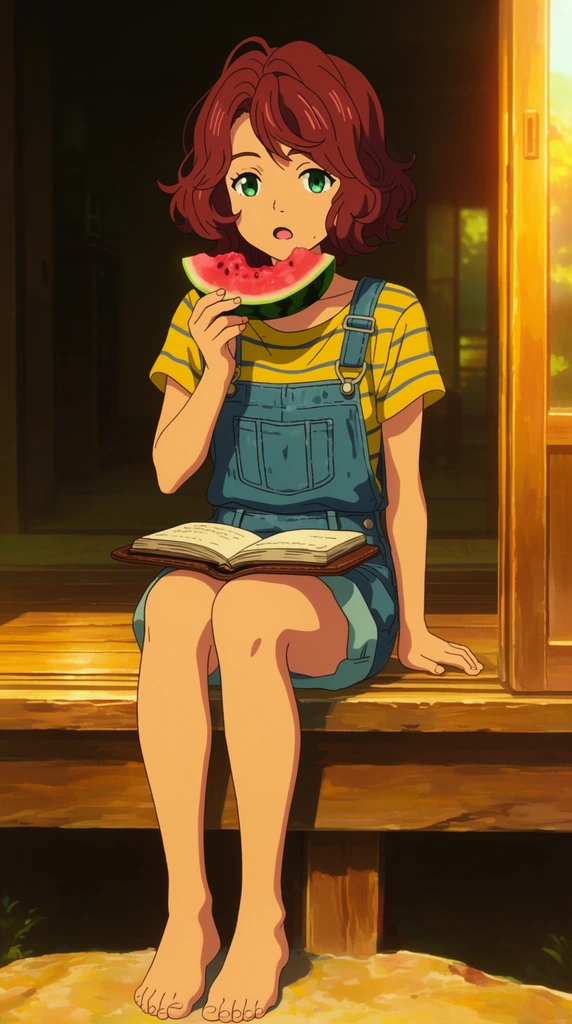 A young anime-style woman with short wavy auburn hair and emerald green eyes sits barefoot on a sunlit wooden engawa. She wears denim overalls over a yellow striped t-shirt, balancing an open leather-bound notebook on her lap while holding a half-eaten slice of watermelon near her slightly parted lips. Her legs dangle casually over the porch edge. Warm golden-hour sunlight illuminates her from the right, creating a cinematic rim light against the dark, shadowy interior behind her. Rendered in vivid 2D cel shading with a nostalgic summer atmosphere.
