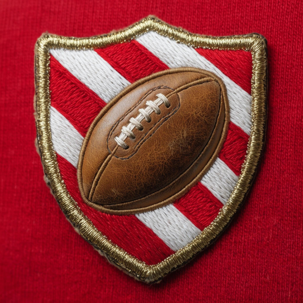 embroidered shield patch, vintage leather rugby ball, diagonal red and white stripes, metallic gold thread border, solid red background, macro photography, highly detailed fabric texture