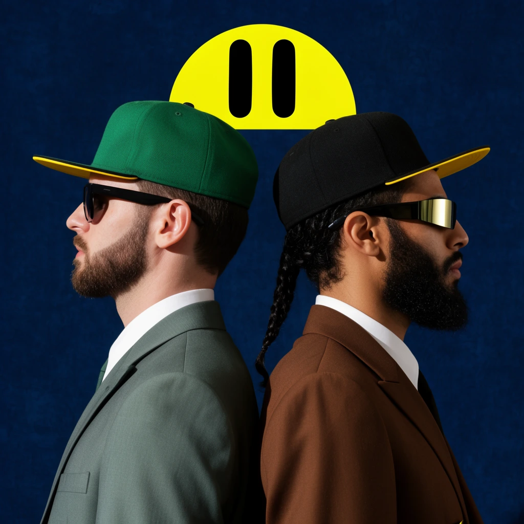 Two men stand back-to-back in sharp profile against a textured navy blue backdrop. The left man has a trimmed brown beard, wearing a green flat-brim cap with a yellow under-brim, dark sunglasses, and a greyish-green suit over a white shirt. The right man features a dark beard and braided hair, wearing a black flat-brim cap with yellow accents, reflective rectangular sunglasses, and a brown suit. A bright yellow semi-circle graphic containing two vertical black ovals hovers centrally above their heads. The image features crisp studio lighting, striking shadows, and a high-contrast fashion editorial aesthetic.