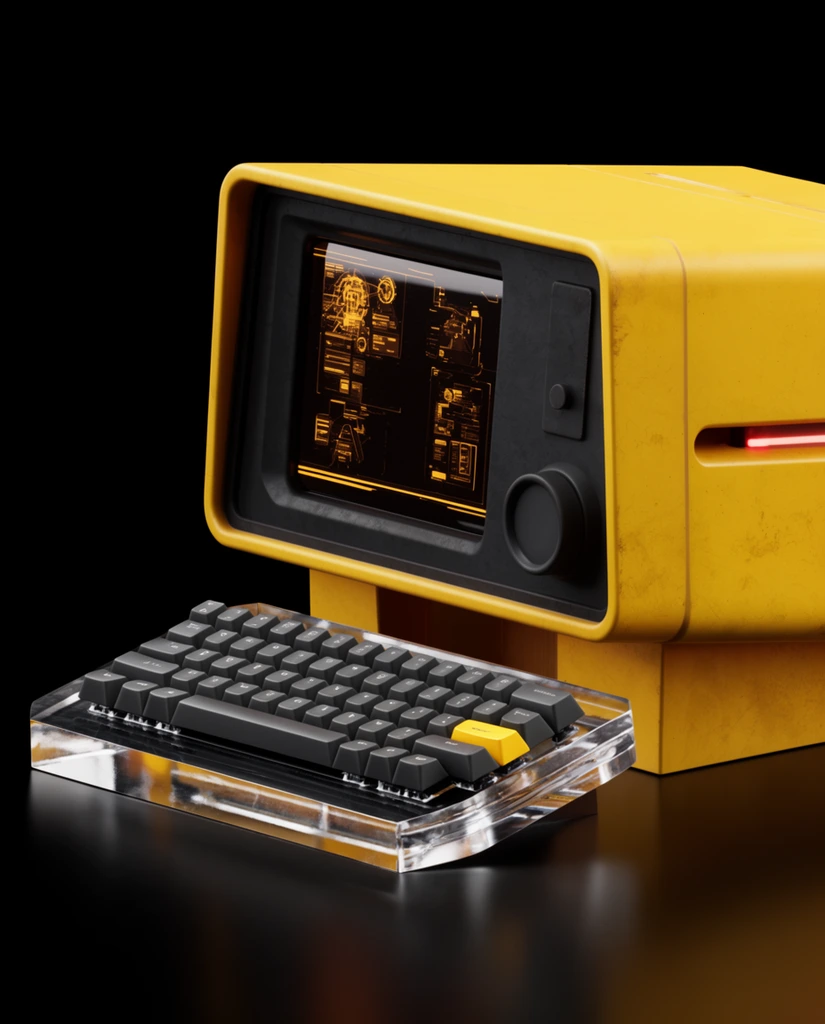 A vibrant yellow retro-futuristic computer terminal and matching mechanical keyboard sit isolated against a pitch-black background. The chunky monitor unit features a slightly weathered yellow casing, a matte black faceplate with a large rotary dial, and a dark screen displaying glowing amber schematic graphics. A faint red light emanates from a horizontal slot on the right. In the foreground, the detached keyboard rests on a thick, angled transparent acrylic base, sporting dark charcoal keycaps and one bright yellow accent key. High-contrast studio product lighting highlights the glossy acrylic and the bold, industrial matte finishes.