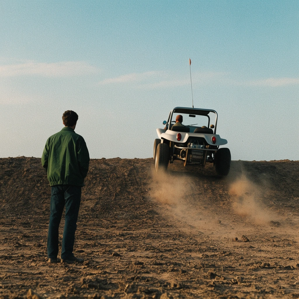 man in green jacket standing on dry rugged earth, watching a dune buggy drive away on a raised dirt berm, trailing dust, pale blue sky, cinematic wide shot, grainy film texture