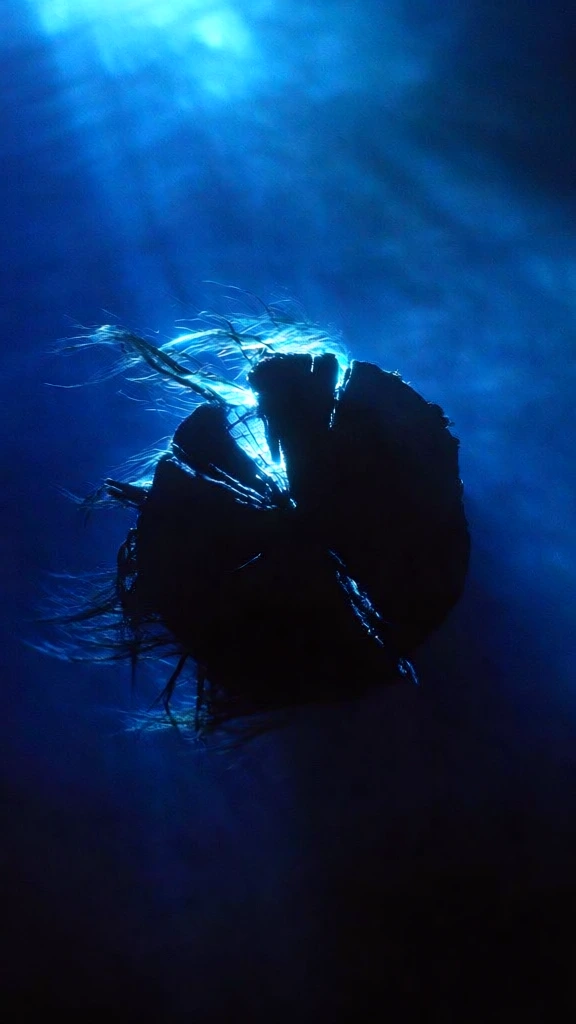 a high-contrast cinematic macro of a cut log end submerged in deep indigo water, concentric growth rings and jagged radial cracks glowing with ethereal blue rim lighting, fine wood splinters trailing from the edges like flowing hair, monochromatic palette of electric cyan and midnight navy, mystical atmospheric mist with light rays piercing from above, moody abstract aesthetic, sharp textural detail on the grain silhouetted against a luminous blue glow, centered composition, ethereal
