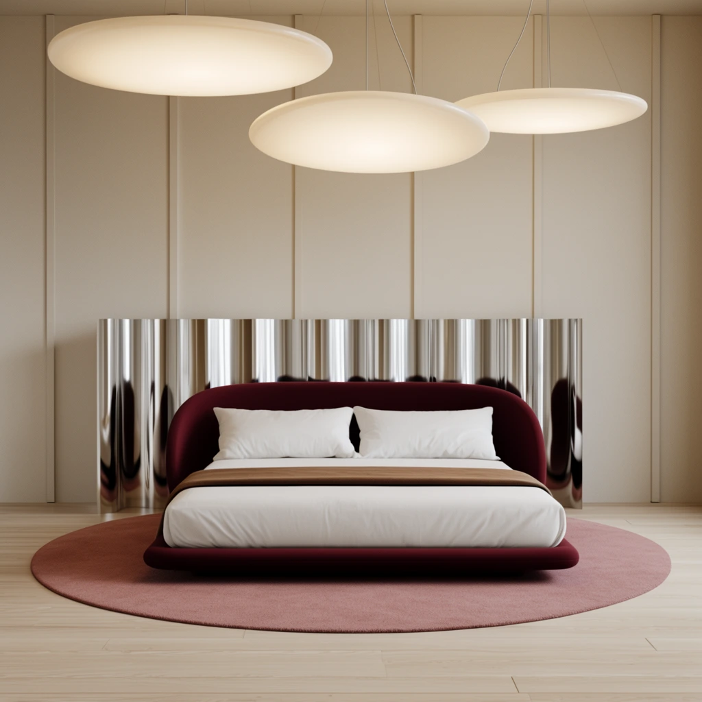 Centered low-profile bed with curved burgundy headboard and base, white duvet, wide brown throw, dusty rose rug, wavy reflective chrome backdrop, light beige vertical paneled walls, three large illuminated flat oval disc pendant lights suspended from ceiling, light wood plank floor, soft diffuse lighting, minimalist retro-futuristic bedroom interior, architectural visualization