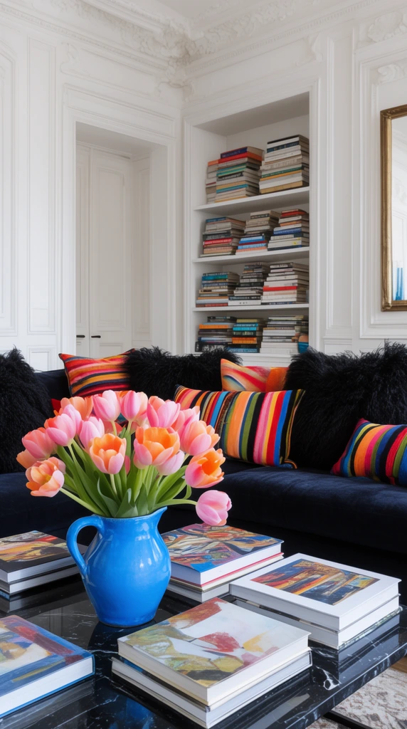 eclectic living room, lush pink and orange tulips in a bright blue ceramic pitcher on a black marble coffee table, scattered large art books, dark navy sofa piled with vibrant striped and fuzzy black throw pillows, classic white paneled walls with ornate molding, built-in bookcase filled with stacked books, bright natural lighting, editorial interior photography